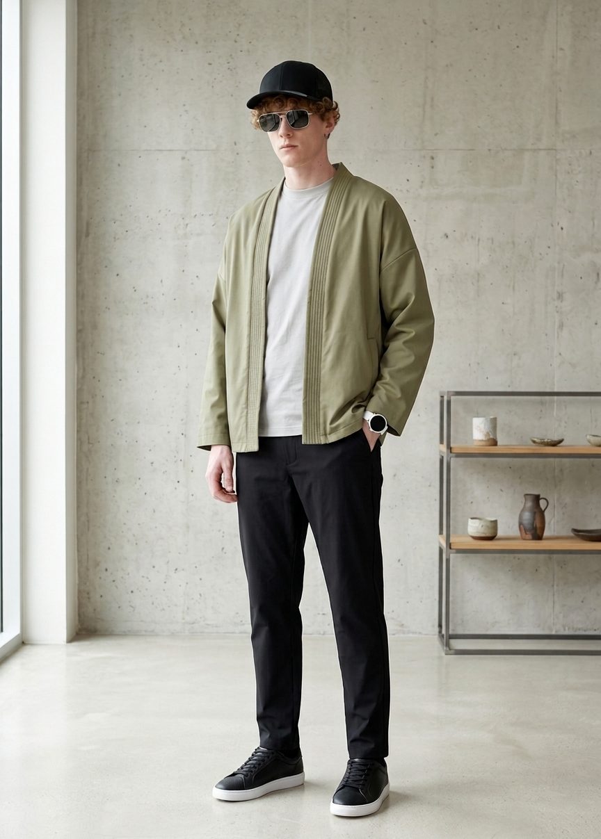 Complete men's off-duty look: sage kimono jacket, cap, sunglasses, watch and sneakers